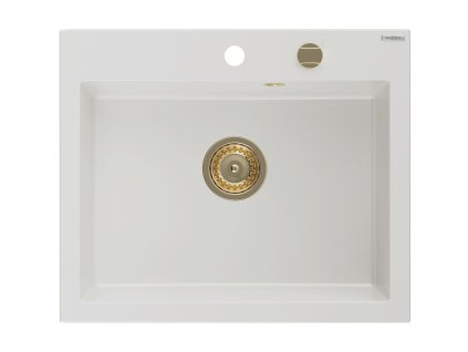 MEXEN/S - Elix granitový dřez 1-miska 600 x 500 mm, bílá, sifon zlatá 6525601005-20-G