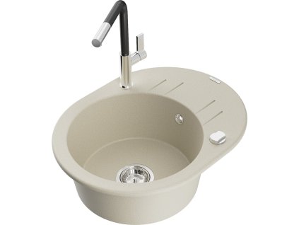 MEXEN/S - Kevin granitový dřez 1-miska s odkapávačem včetně baterie Flora, béžová 6517-69-670401-07