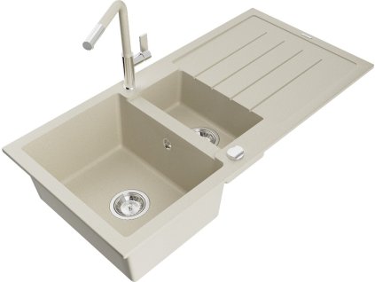 MEXEN/S - Andres granitový dřez s odkapávačem včetně baterie Flora, béžová 6515-69-670401-09