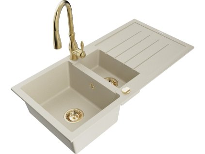 MEXEN/S - Andres granitový dřez s odkapávačem včetně baterie Savita, béžová 6515-69-672601-50
