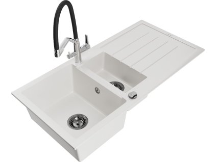 MEXEN/S - Andres granitový dřez s odkapávačem včetně baterie Duo, bílá 6515-20-671701-07-B