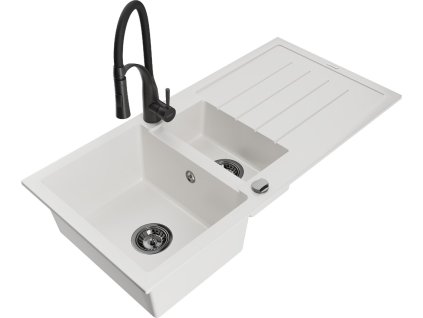 MEXEN/S - Andres granitový dřez s odkapávačem včetně baterie Aster, bílá 6515-20-73450-70-B