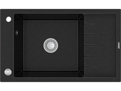 MEXEN - Elias granitový dřez 1 mísa dřez s vypouštěním krátký odkapávač 795x480 mm, černá / kovové stříbro 6511791005-73