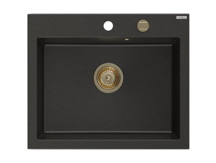 MEXEN/S - Elix granitový dřez 1-miska 600 x 500 mm, černá/zlatá metalik, sifon zlatá 6525601005-75-G