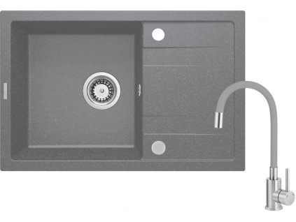 DEANTE - Dřez Corio z granitu šedého metalického, s baterií, 1-dřez s odkapávačem ZRCPS113