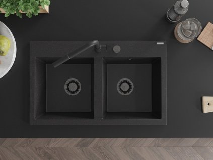 MEXEN/S - Hektor granitový dřez 2-bowl 800 x 480 mm, černá/stříbrná metalik, černý sifon 6521802000-73-B