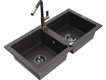 MEXEN/S - Mario granitový dřez 2-bowl včetně baterie Flora, černá kropenatá 6504-76-670401-75-B