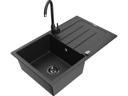 MEXEN/S - Bruno granitový dřez s odkapávačem včetně baterie Telma, černá/stříbrná 6513-73-670200-70-B