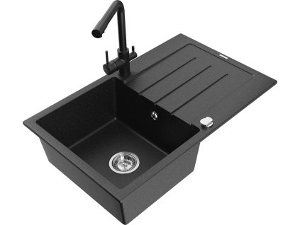 MEXEN/S - Bruno granitový dřez s odkapávačem včetně baterie Duero, černá/stříbrná metalik 6513-73-671600-70