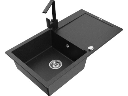 MEXEN/S - Leo granitový dřez 1-miska s odkapávačem včetně baterie Rita, černý/stříbrný metalik 6501-73-670300-70