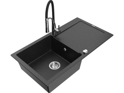 MEXEN/S - Leo granitový dřez 1 s odkapávačem včetně baterie Aster, černá/stříbrná metalik 6501-73-73450-07
