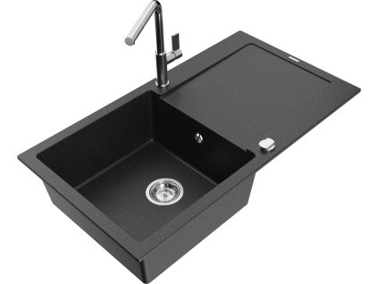 MEXEN/S - Leo granitový dřez 1 s odkapávačem včetně baterie Flora, černá/stříbrná metalik 6501-73-670401-00