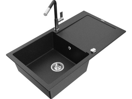 MEXEN/S - Leo granitový dřez 1 s odkapávačem včetně baterie Flora, černá/stříbrná metalik 6501-73-670401-07