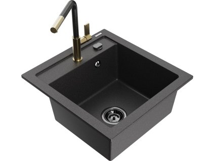 MEXEN/S - Vito granitový dřez 1-miska včetně baterie Flora, černá kropenatá 6503-76-670401-75-B