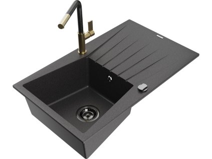 MEXEN/S - Cesar granitový dřez 1-miska s odkapávačem včetně baterie Flora, černá kropenatá 6514-76-670401-75-B