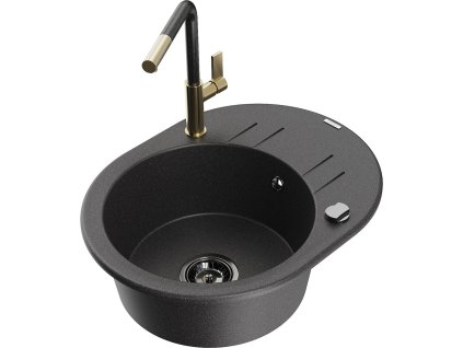 MEXEN/S - Kevin granitový dřez 1-miska s odkapávačem včetně baterie Flora, černá kropenatá 6517-76-670401-75-B