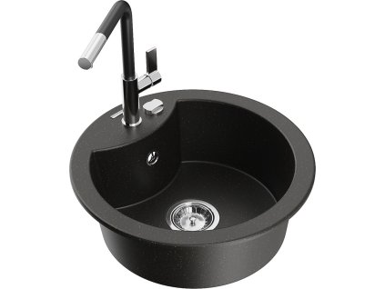 MEXEN/S - Diego granitový dřez 1-miska včetně baterie Flora, černá/zlatá metalik 6512-75-670401-07