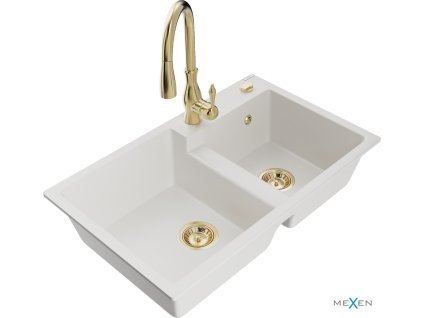 MEXEN/S - Tomas granitový dřez 2-bowl včetně baterie Savita, bílá 6516-20-672601-50