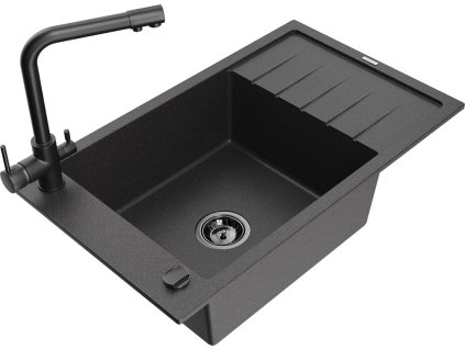 MEXEN/S - Elias granitový dřez 1-miska včetně baterie Duero, černá kropenatá 6511-76-671600-70-B