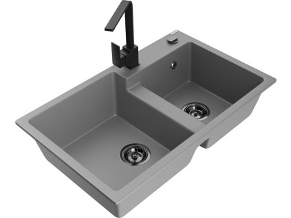MEXEN/S - Tomas granitový dřez 2-bowl včetně baterie Rita, šedá 6516-71-670300-70-B