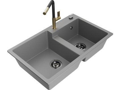 MEXEN/S - Tomas granitový dřez 2-bowl včetně baterie Flora, šedá 6516-71-670401-57-B