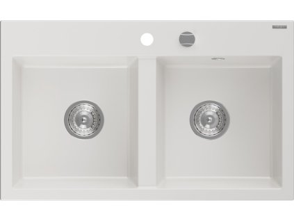 MEXEN - Hektor granitový dřez 2-bowl 800 x 480 mm, bílá, sifon chrom 6521802000-20