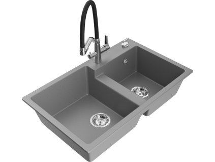 MEXEN/S - Tomas granitový dřez 2-bowly včetně baterie Duo, šedá 6516-71-671701-07