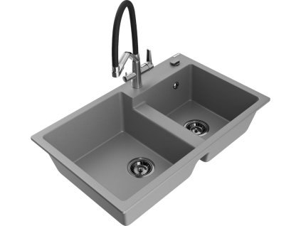 MEXEN/S - Tomas granitový dřez 2-bowly včetně baterie Duo, šedá 6516-71-671701-07-B