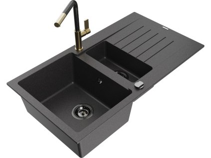 MEXEN/S - Matias granitový dřez 1.5 s odkapávačem včetně baterie Flora, černá kropenatá 6502-76-670401-75-B