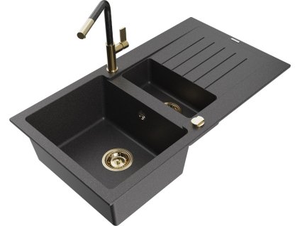 MEXEN/S - Matias granitový dřez 1.5 s odkapávačem včetně baterie Flora, černá kropenatá 6502-76-670401-75-G