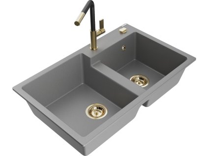 MEXEN/S - Tomas granitový dřez 2-bowl včetně baterie Flora, šedá 6516-71-670401-57-G