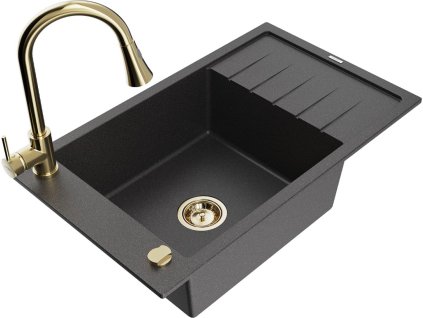 MEXEN/S - Elias granitový dřez 1 s odkapávačem včetně baterie Elia, černá kropenatá 6511-76-670101-50