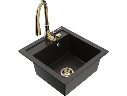 MEXEN/S - Vito granitový dřez 1-miska včetně baterie Savita, černá/zlatá metalik 6503-75-672601-50