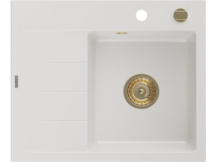 MEXEN/S - Ben granitový dřez 1 s odkapávačem pravý 600 x 500 mm, bílá, sifon zlatá 6523605000-20-G