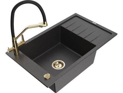 MEXEN/S - Elias granitový dřez s odkapávačem včetně baterie Duo, černá kropenatá 6511-76-671701-57-G