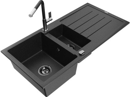MEXEN/S - Andres granitový dřez s odkapávačem včetně baterie Flora, černá/stříbrná 6515-73-670401-07-B