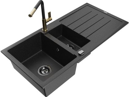 MEXEN/S - Andres granitový dřez s odkapávačem včetně baterie Flora, černá/stříbrná 6515-73-670401-57-B