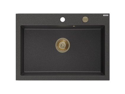 MEXEN/S - Elix granitový dřez 1-miska 700 x 500 mm, černá kropenatá, sifon zlatá 6526701005-76-G