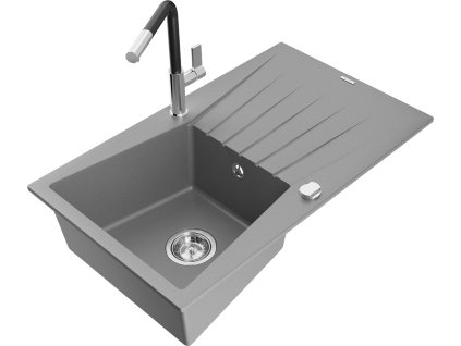 MEXEN/S - Cesar granitový dřez 1-miska s odkapávačem včetně baterie Flora, šedá 6514-71-670401-07