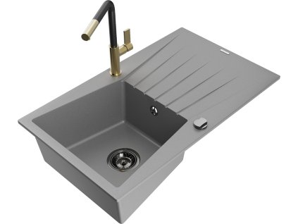 MEXEN/S - Cesar granitový dřez 1-miska s odkapávačem včetně baterie Flora, šedá 6514-71-670401-57-B