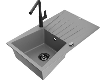 MEXEN/S - Cesar granitový dřez 1-miska s odkapávačem včetně baterie Flora, šedá 6514-71-670401-70-B