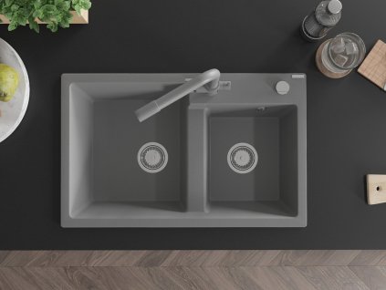 MEXEN/S - Tomas granitový dřez 2-bowl včetně baterie Duero, šedá 6516-71-671600-71
