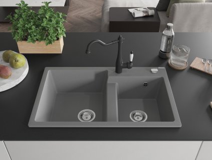MEXEN/S - Tomas granitový dřez 2-bowl včetně baterie Carla, šedá 6516-71-670700-70