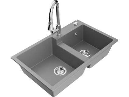 MEXEN/S - Tomas granitový dřez 2-bowl včetně baterie Elia, šedá 6516-71-670101-00