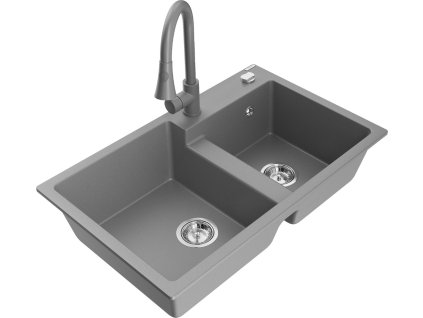 MEXEN/S - Tomas granitový dřez 2-bowl včetně baterie Elia, šedá 6516-71-670101-71