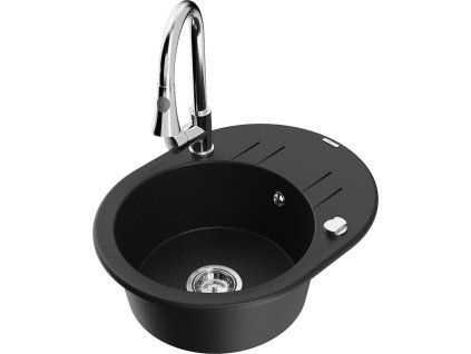 MEXEN/S - Kevin granitový dřez 1-miska s odkapávačem včetně baterie Elia, černá 6517-77-670101-00