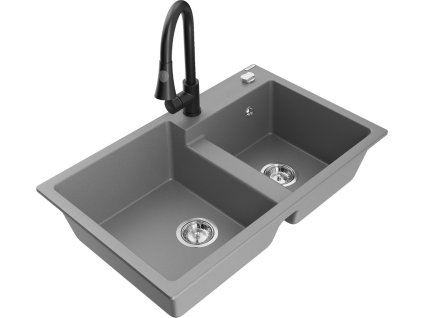 MEXEN/S - Tomas granitový dřez 2-bowl včetně baterie Elia, šedá 6516-71-670101-70