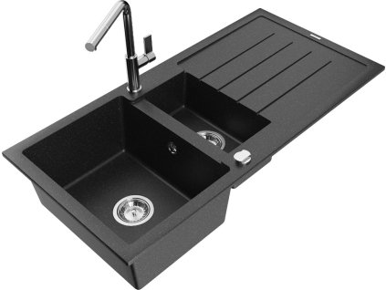 MEXEN/S - Andres granitový dřez s odkapávačem včetně baterie Flora, černá/stříbrná 6515-73-670401-00