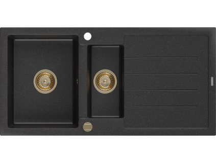 MEXEN/S - Andres granitový dřez s odkapávačem 1000 x 500 mm černá/stříbrná metalik, zlatý sifon 6515101510-73-G