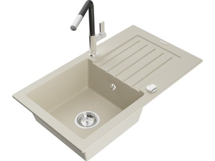 MEXEN/S - Pablo granitový dřez 1 s odkapávačem včetně baterie Flora, béžová 6510-69-670401-07